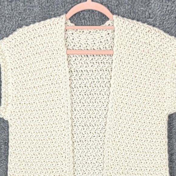 Hand Made Knit Sweater Vest Womens Small Ivory Crochet Open Front Cardigan - Picture 2 of 8